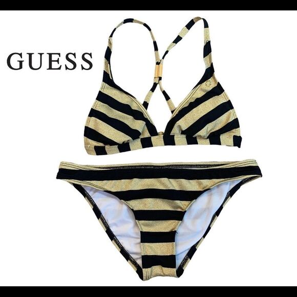 Guess gold glitter and black striped bikini Sz S - Picture 1 of 8